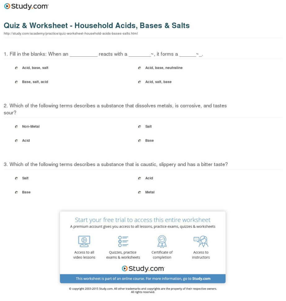 Quiz  Worksheet  Household Acids Bases  Salts  Study