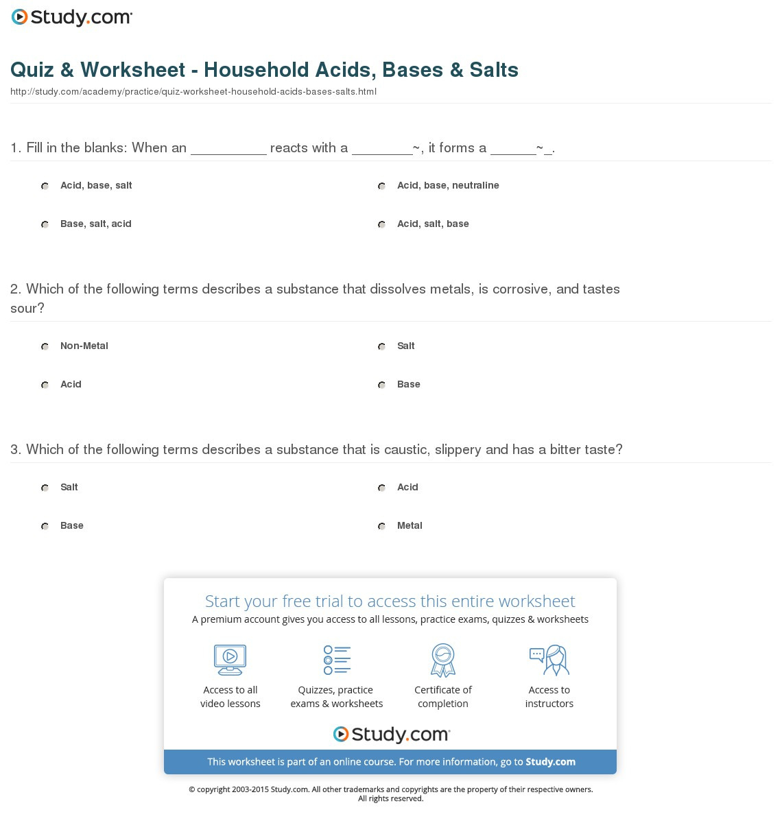 Quiz  Worksheet  Household Acids Bases  Salts  Study