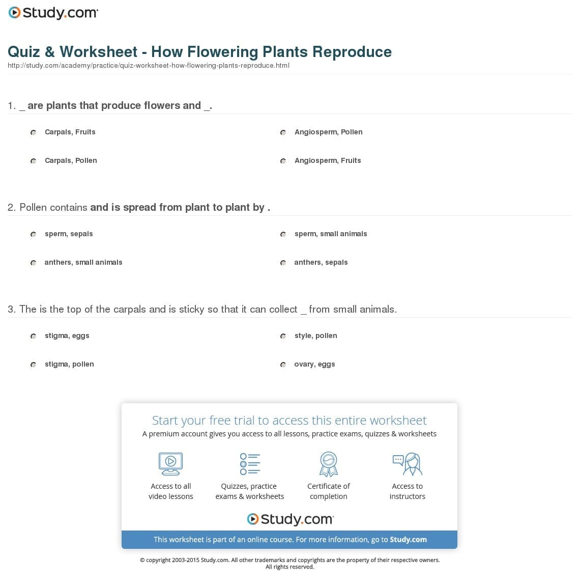 Quiz  Worksheet  How Flowering Plants Reproduce  Study