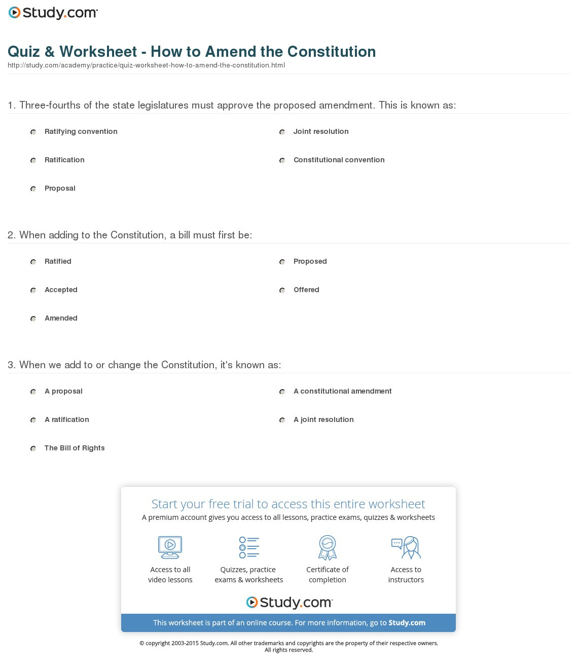 Quiz  Worksheet  How To Amend The Constitution  Study