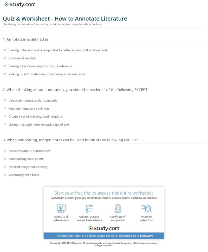 Quiz  Worksheet  How To Annotate Literature  Study