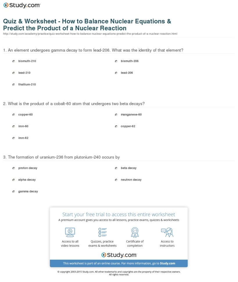 Quiz  Worksheet  How To Balance Nuclear Equations