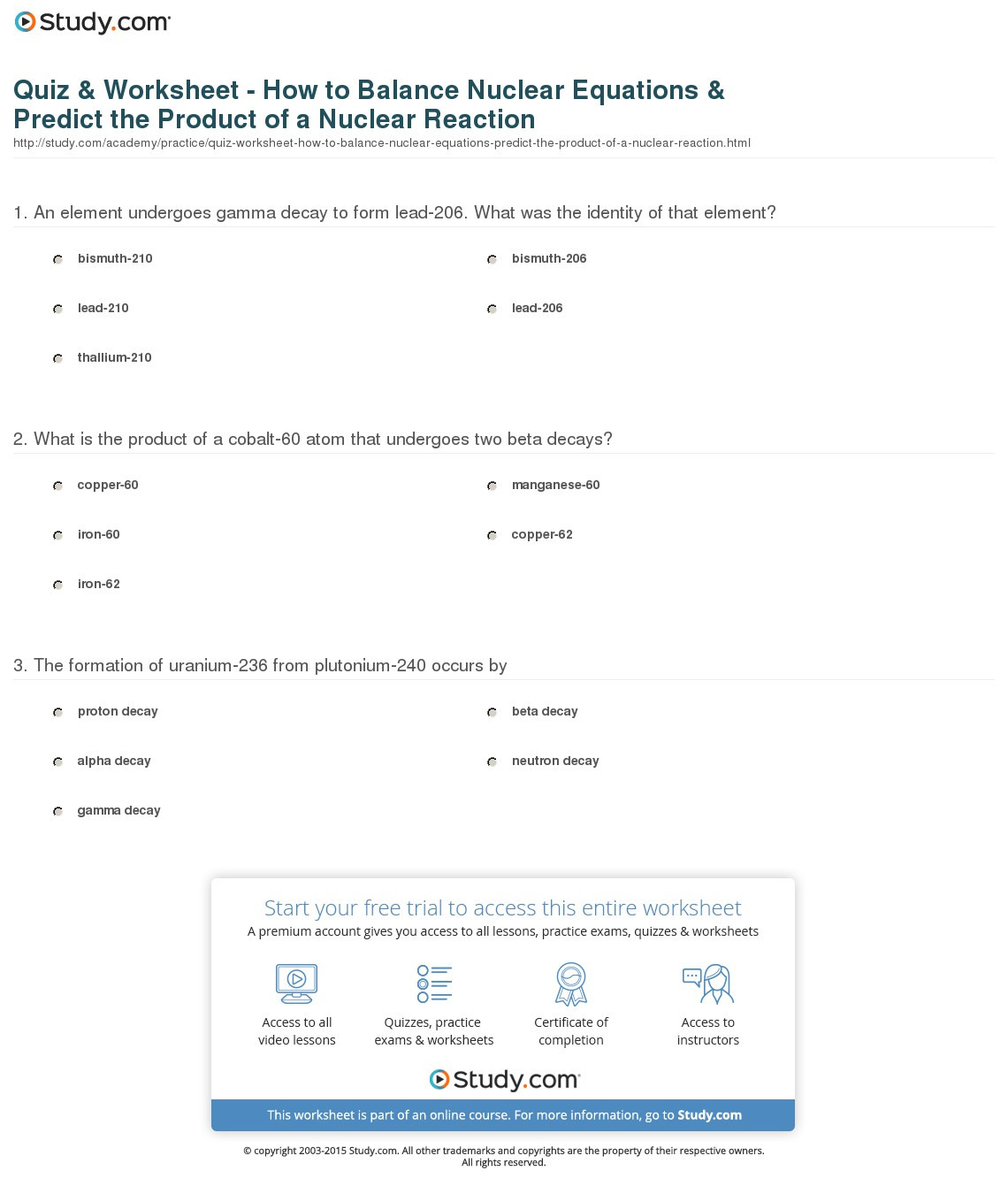 Quiz  Worksheet  How To Balance Nuclear Equations  Predict The
