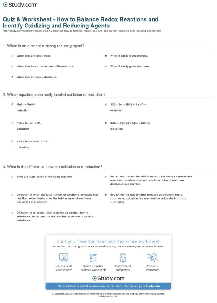Quiz  Worksheet  How To Balance Redox Reactions And