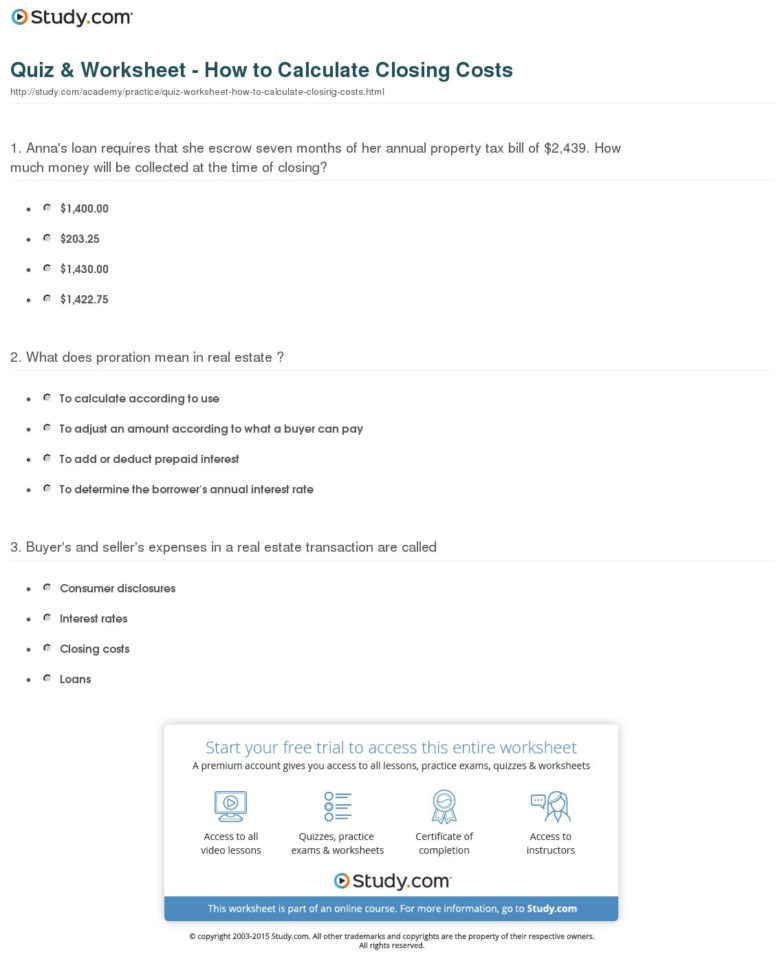 Quiz  Worksheet  How To Calculate Closing Costs  Study