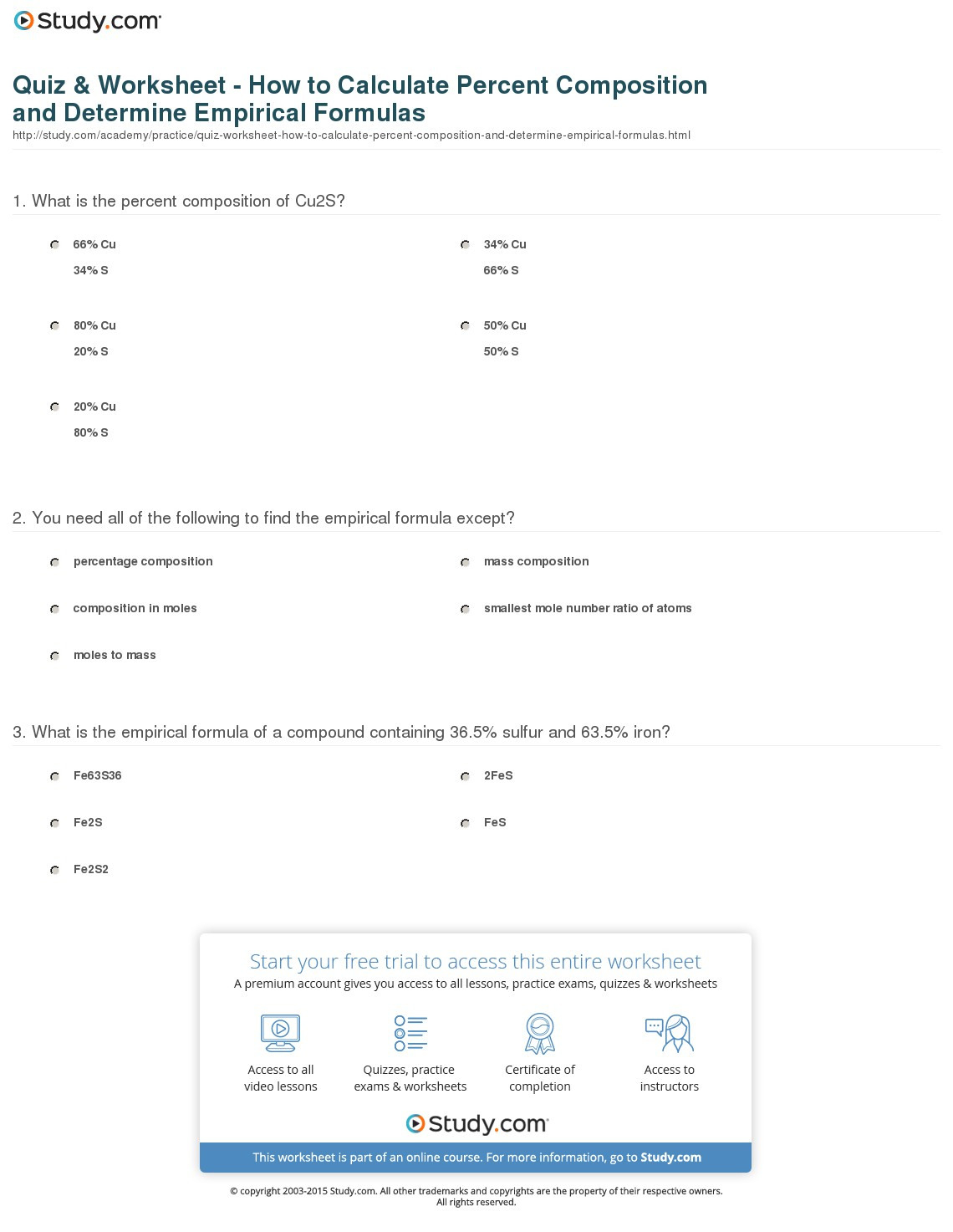 Quiz  Worksheet  How To Calculate Percent Composition And