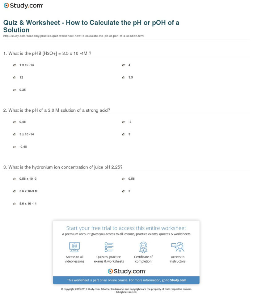 Quiz  Worksheet  How To Calculate The Ph Or Poh Of A
