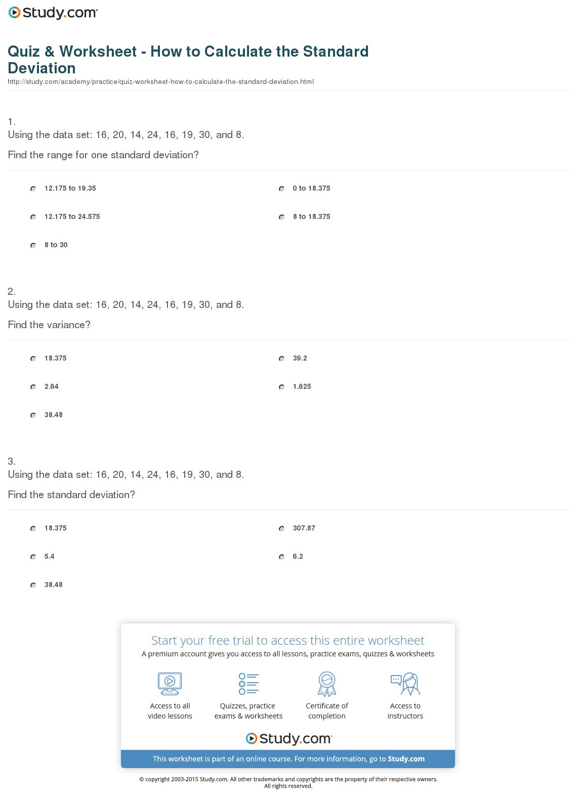 Quiz  Worksheet  How To Calculate The Standard Deviation