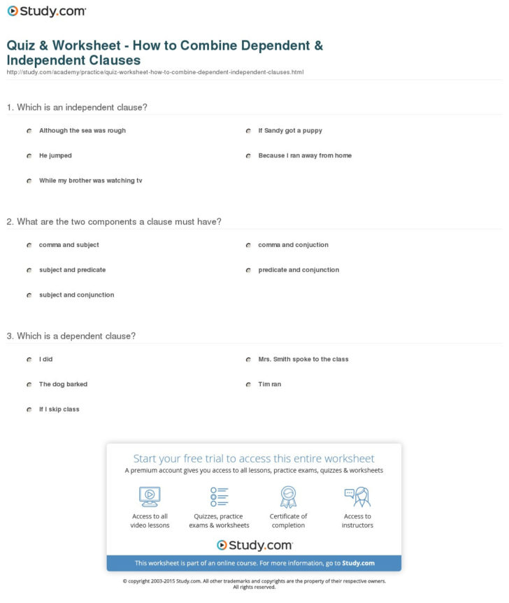 Independent And Dependent Clauses Worksheet
