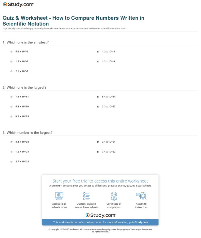 Quiz  Worksheet  How To Compare Numbers Written In Scientific