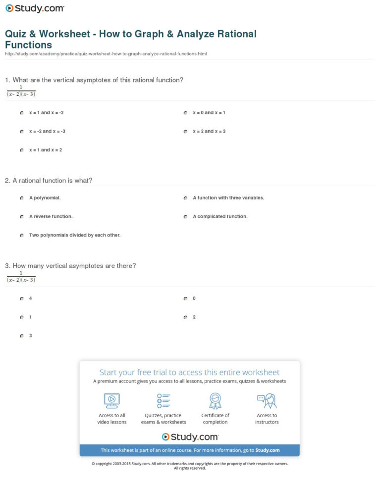 Quiz  Worksheet  How To Graph  Analyze Rational Functions