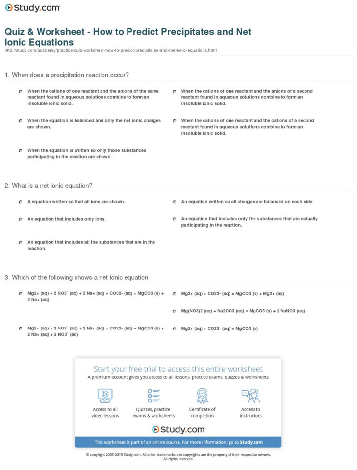Predicting Products Worksheet Chemistry