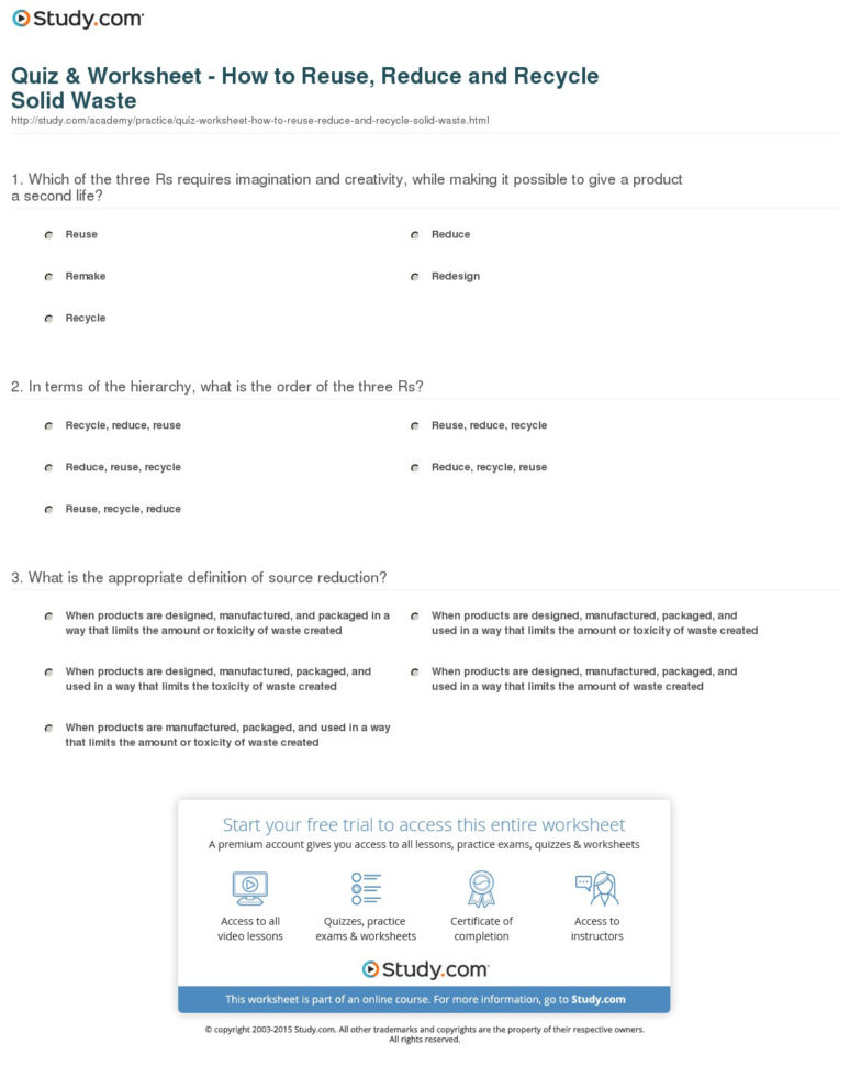 Quiz  Worksheet  How To Reuse Reduce And Recycle Solid