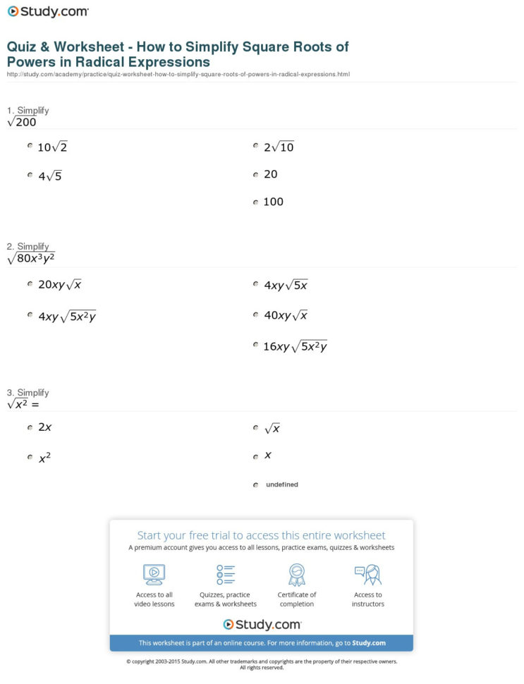Quiz  Worksheet  How To Simplify Square Roots Of Powers In