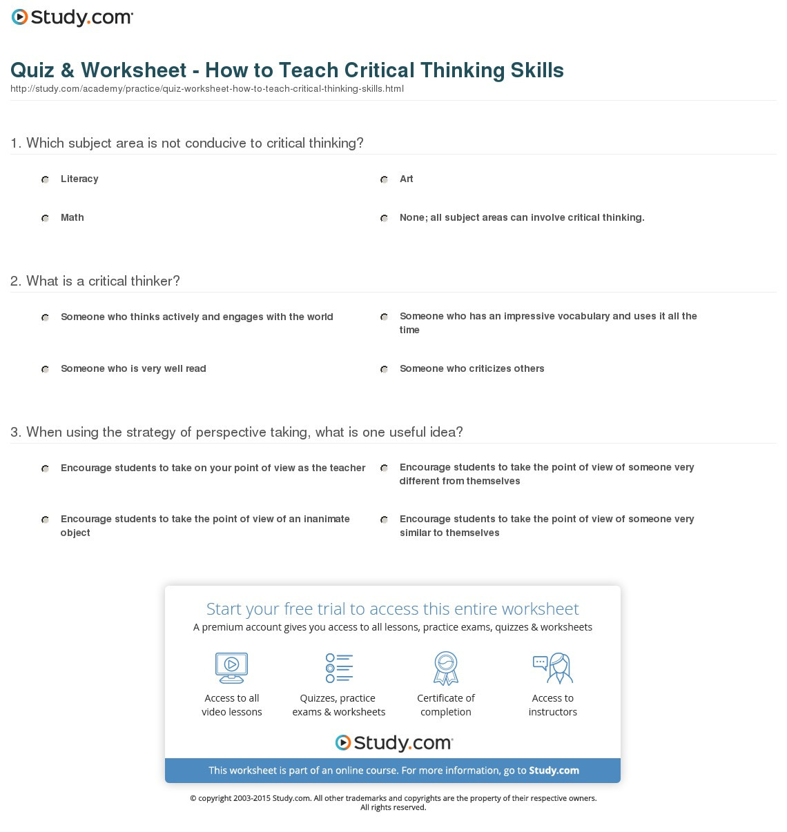 Quiz  Worksheet  How To Teach Critical Thinking Skills