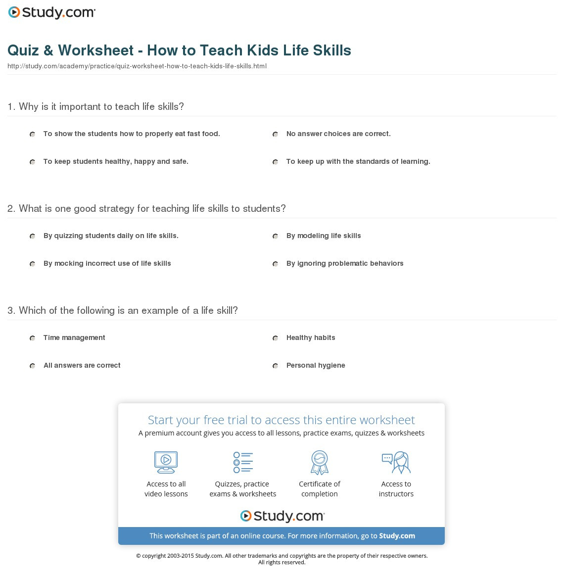 Quiz  Worksheet  How To Teach Kids Life Skills  Study