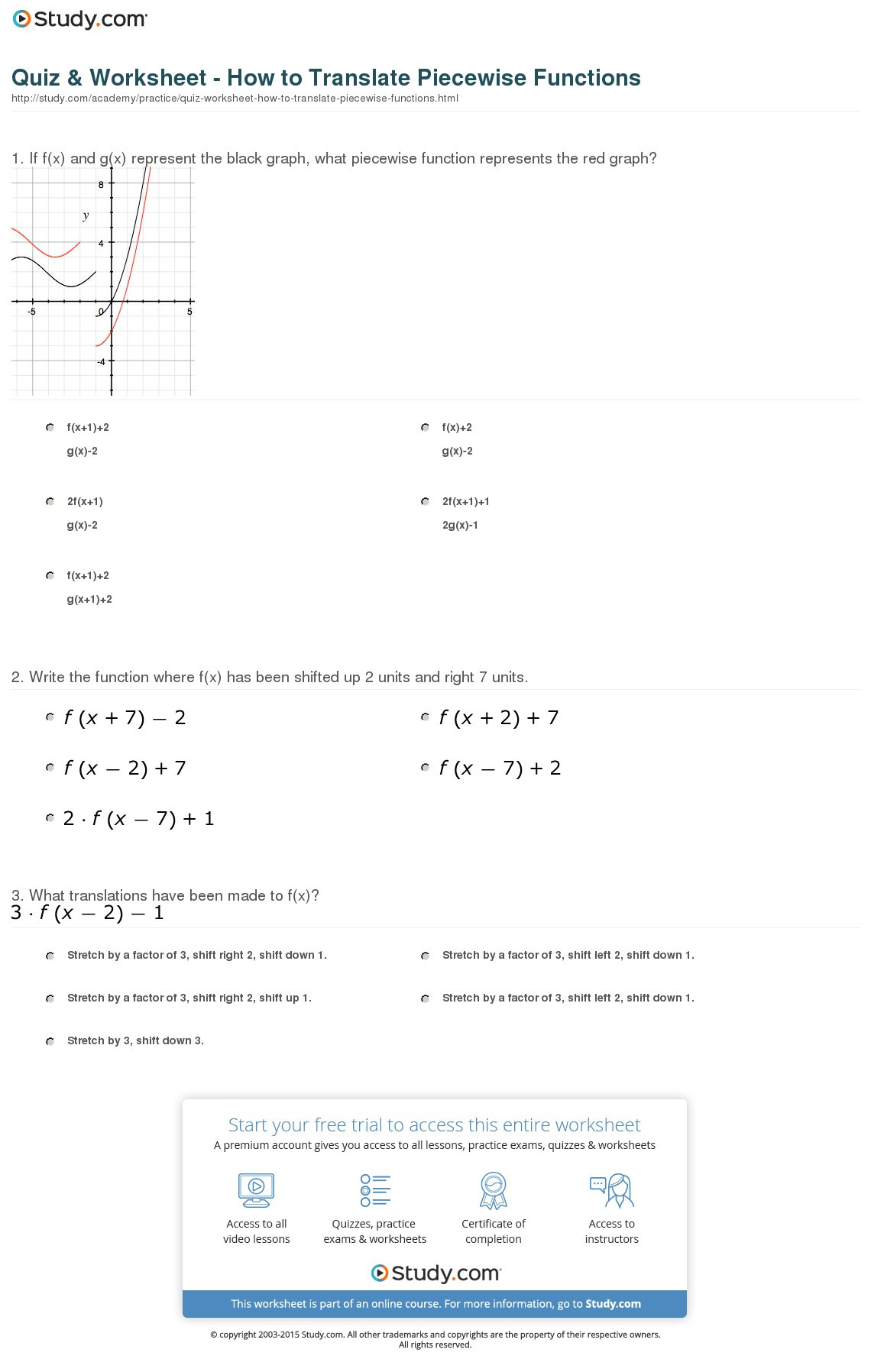 Quiz  Worksheet  How To Translate Piecewise Functions