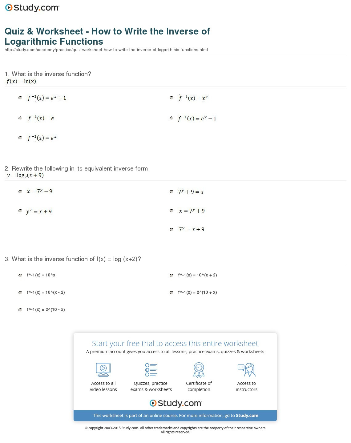 Quiz  Worksheet  How To Write The Inverse Of Logarithmic
