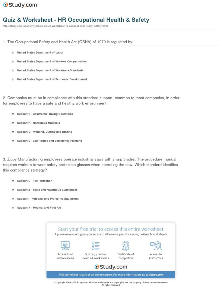Quiz  Worksheet  Hr Occupational Health  Safety  Study