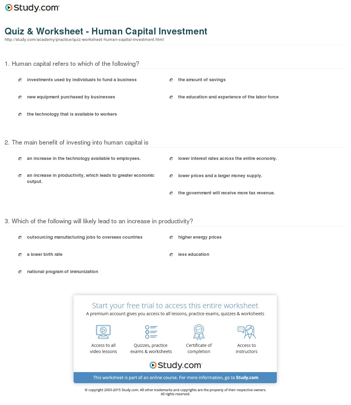 Quiz  Worksheet  Human Capital Investment  Study