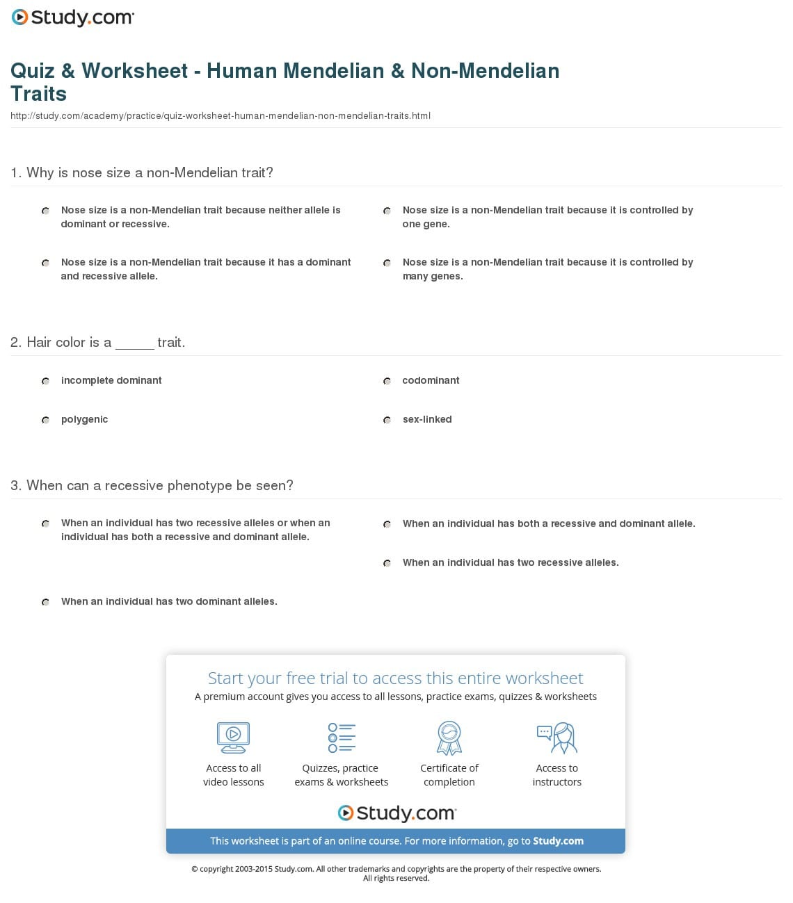 Quiz  Worksheet  Human Mendelian  Nonmendelian Traits