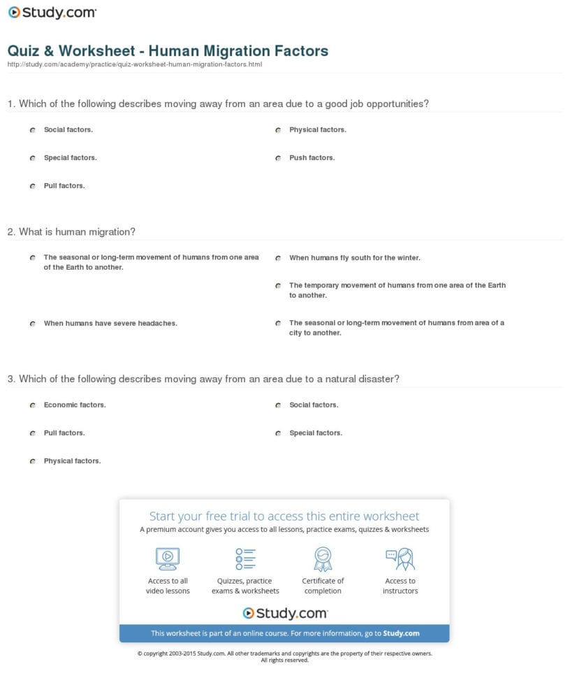 Quiz  Worksheet  Human Migration Factors  Study