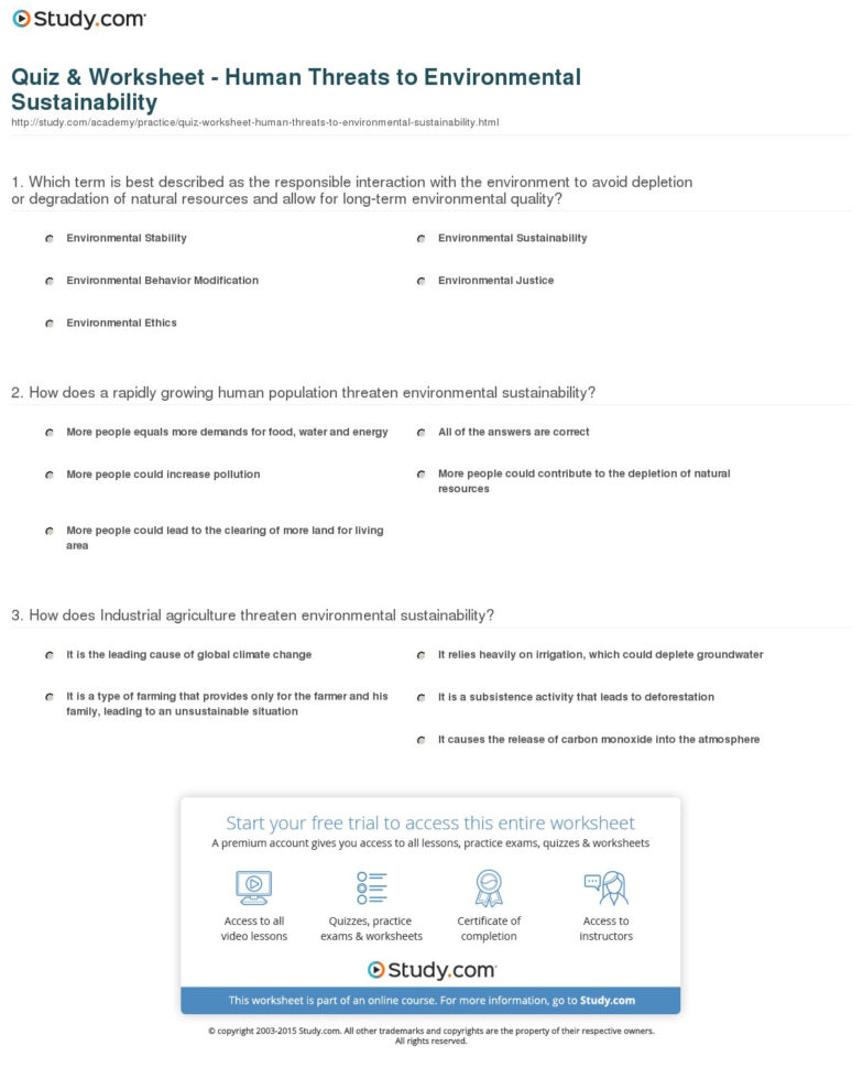 Quiz  Worksheet  Human Threats To Environmental Sustainability