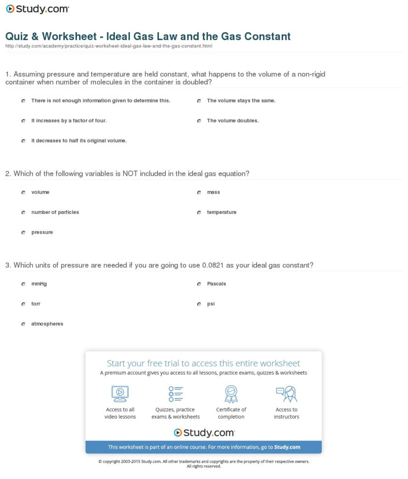Quiz  Worksheet  Ideal Gas Law And The Gas Constant