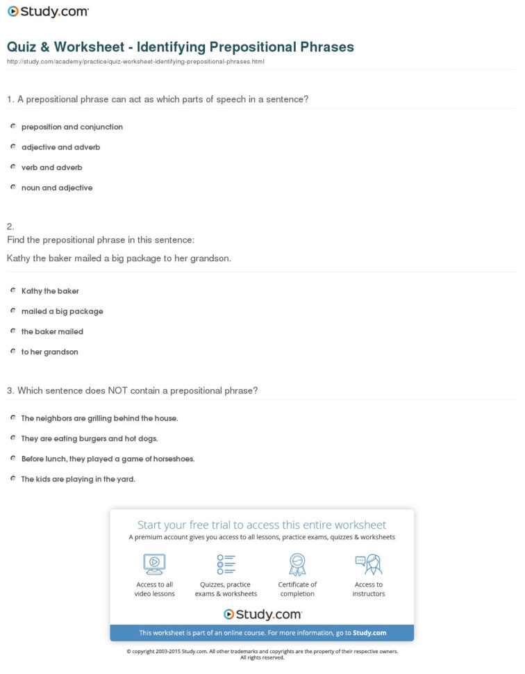 Quiz  Worksheet  Identifying Prepositional Phrases  Study