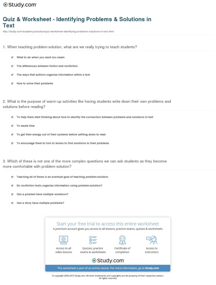 Quiz  Worksheet  Identifying Problems  Solutions In Text