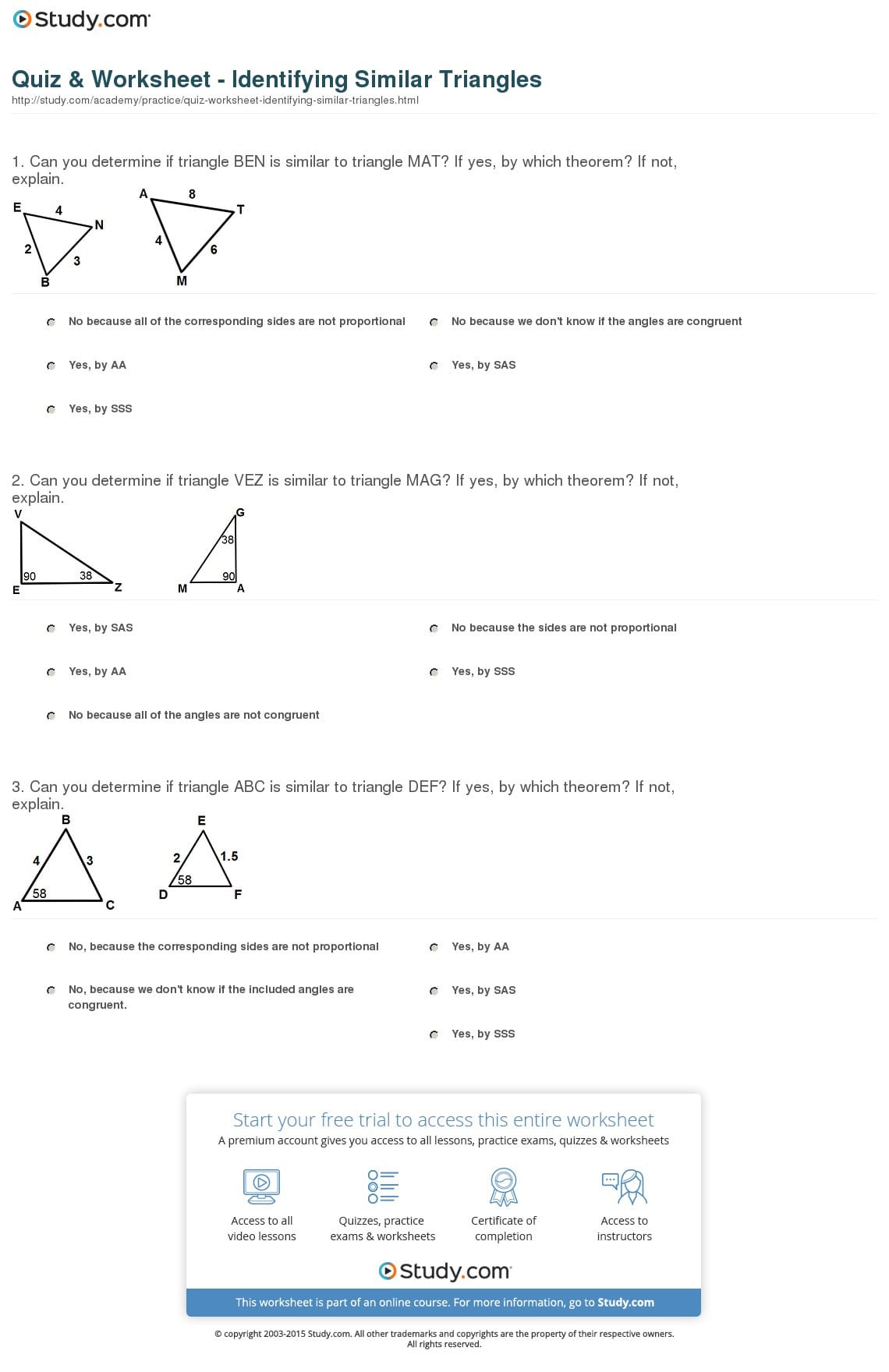 Quiz  Worksheet  Identifying Similar Triangles  Study
