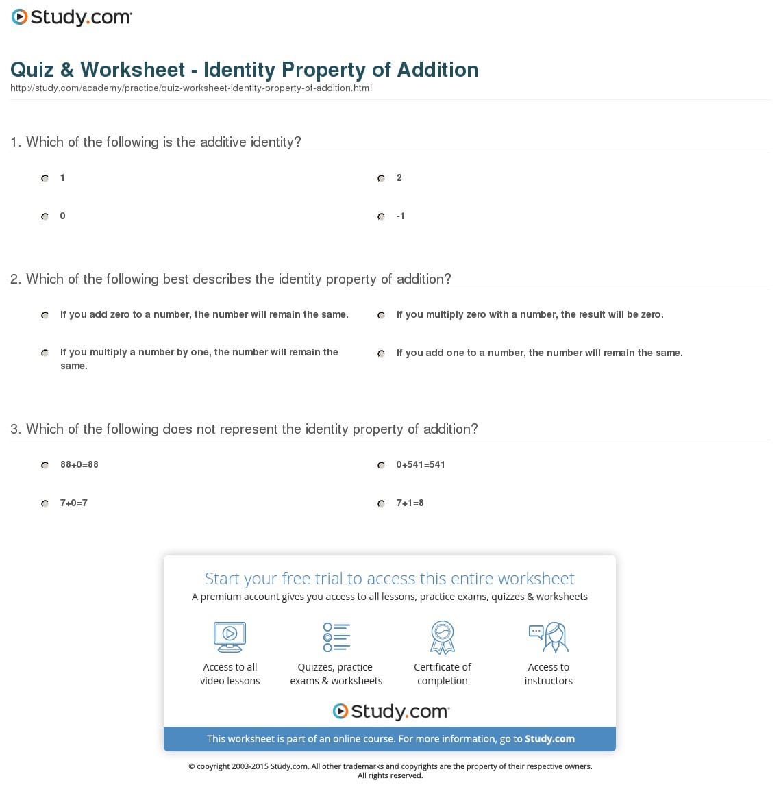 Quiz  Worksheet  Identity Property Of Addition  Study