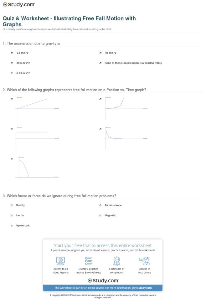Quiz  Worksheet  Illustrating Free Fall Motion With Graphs
