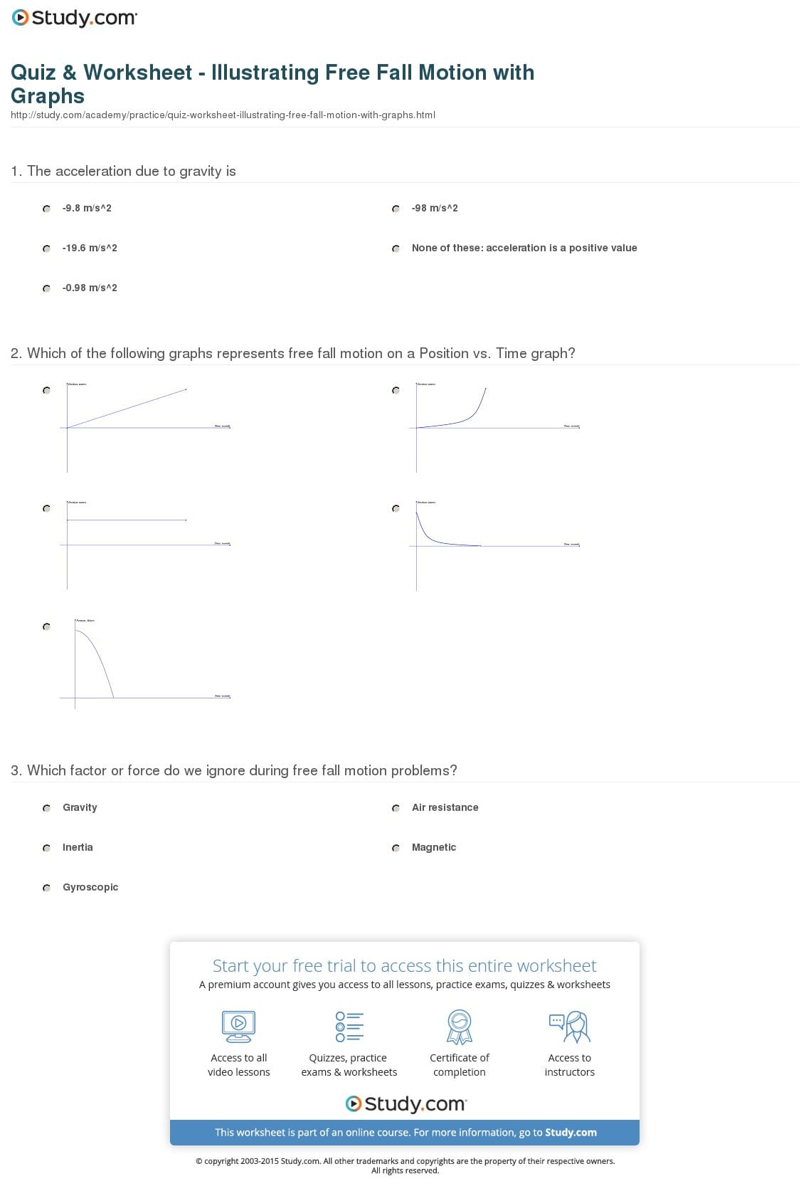 Quiz  Worksheet  Illustrating Free Fall Motion With Graphs