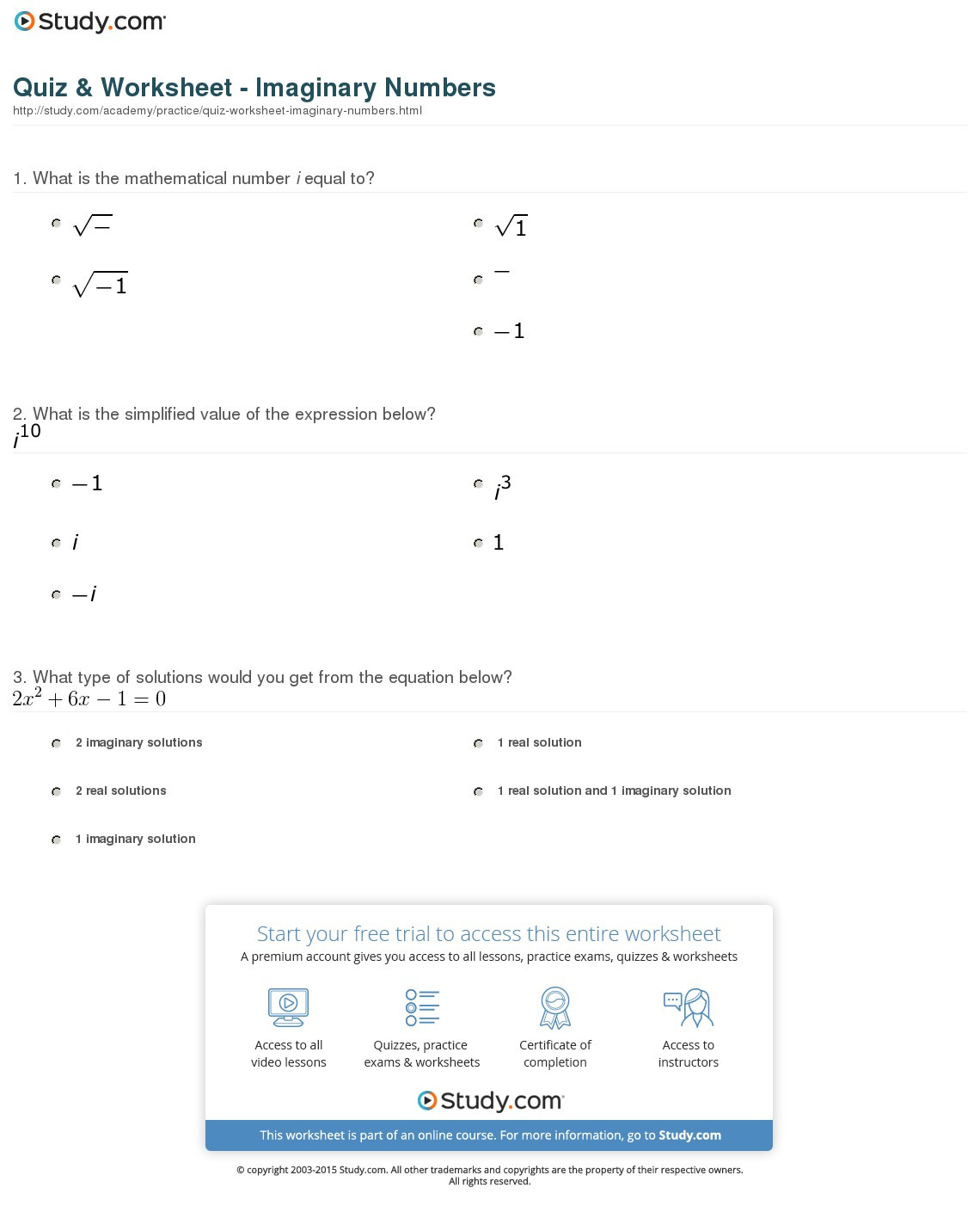 Quiz  Worksheet  Imaginary Numbers  Study