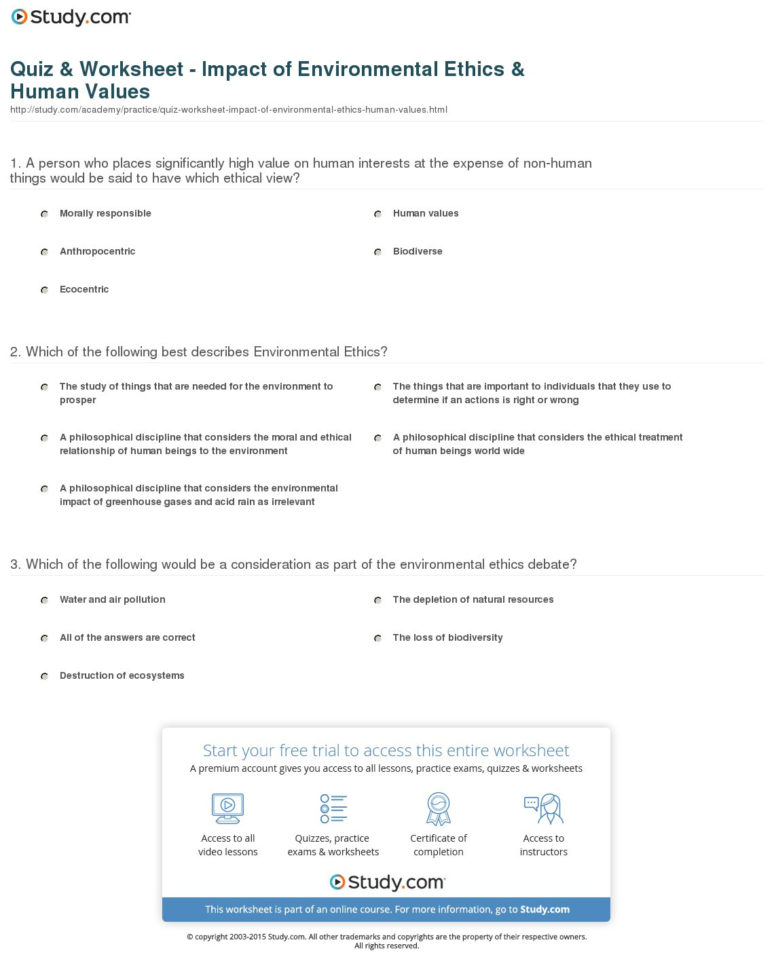 Quiz  Worksheet  Impact Of Environmental Ethics  Human Values