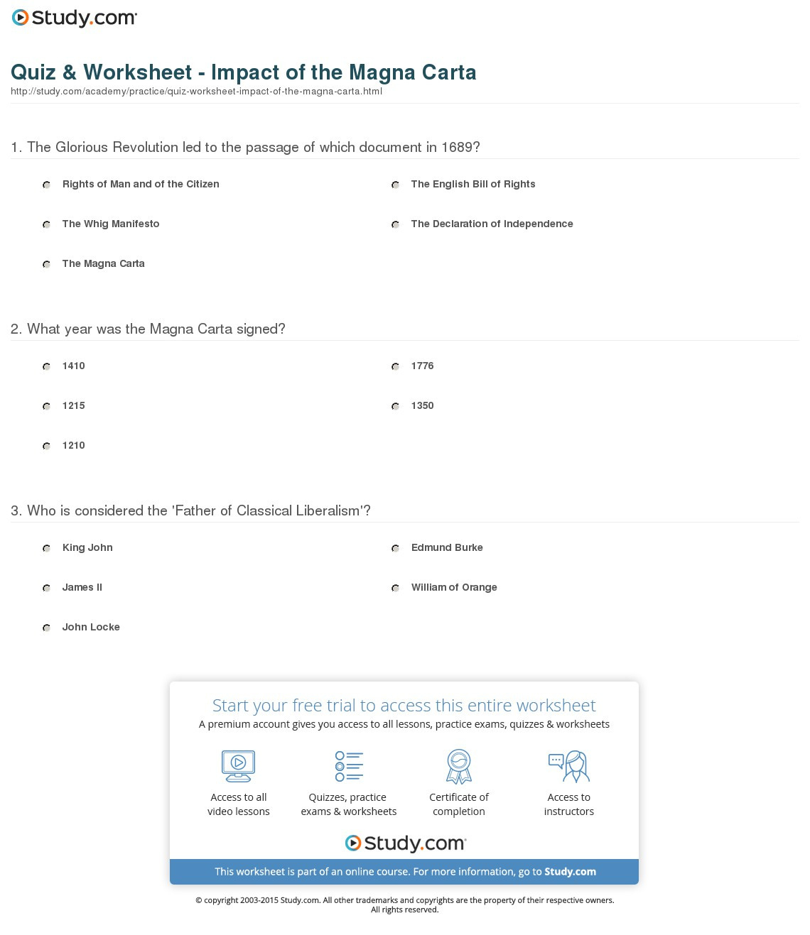 Quiz  Worksheet  Impact Of The Magna Carta  Study