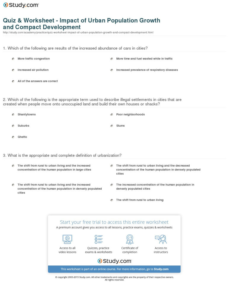 Quiz  Worksheet  Impact Of Urban Population Growth And