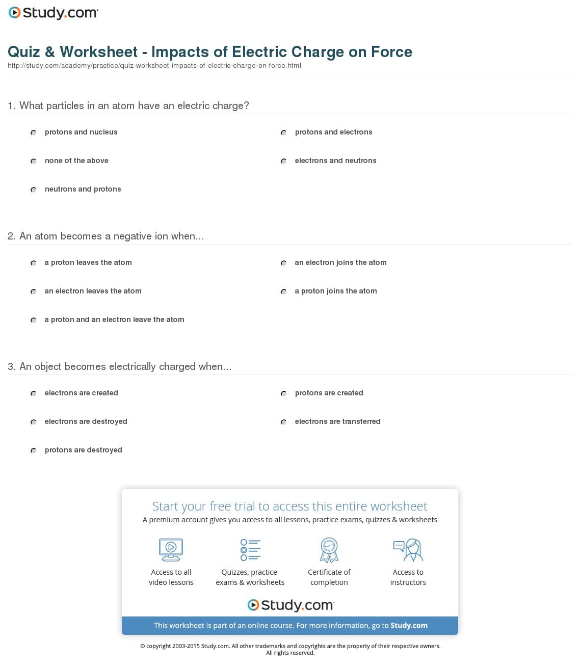 Quiz  Worksheet  Impacts Of Electric Charge On Force