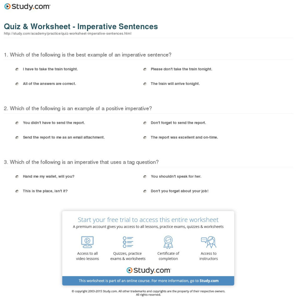 Quiz  Worksheet  Imperative Sentences  Study