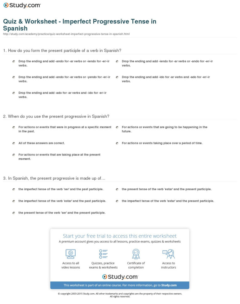 Quiz  Worksheet  Imperfect Progressive Tense In Spanish