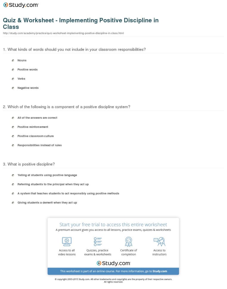 Quiz  Worksheet  Implementing Positive Discipline In Class