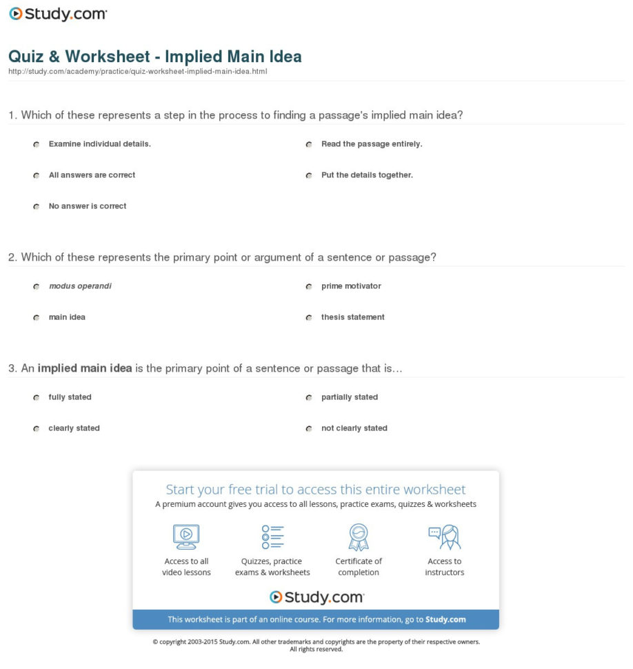 Quiz  Worksheet  Implied Main Idea  Study