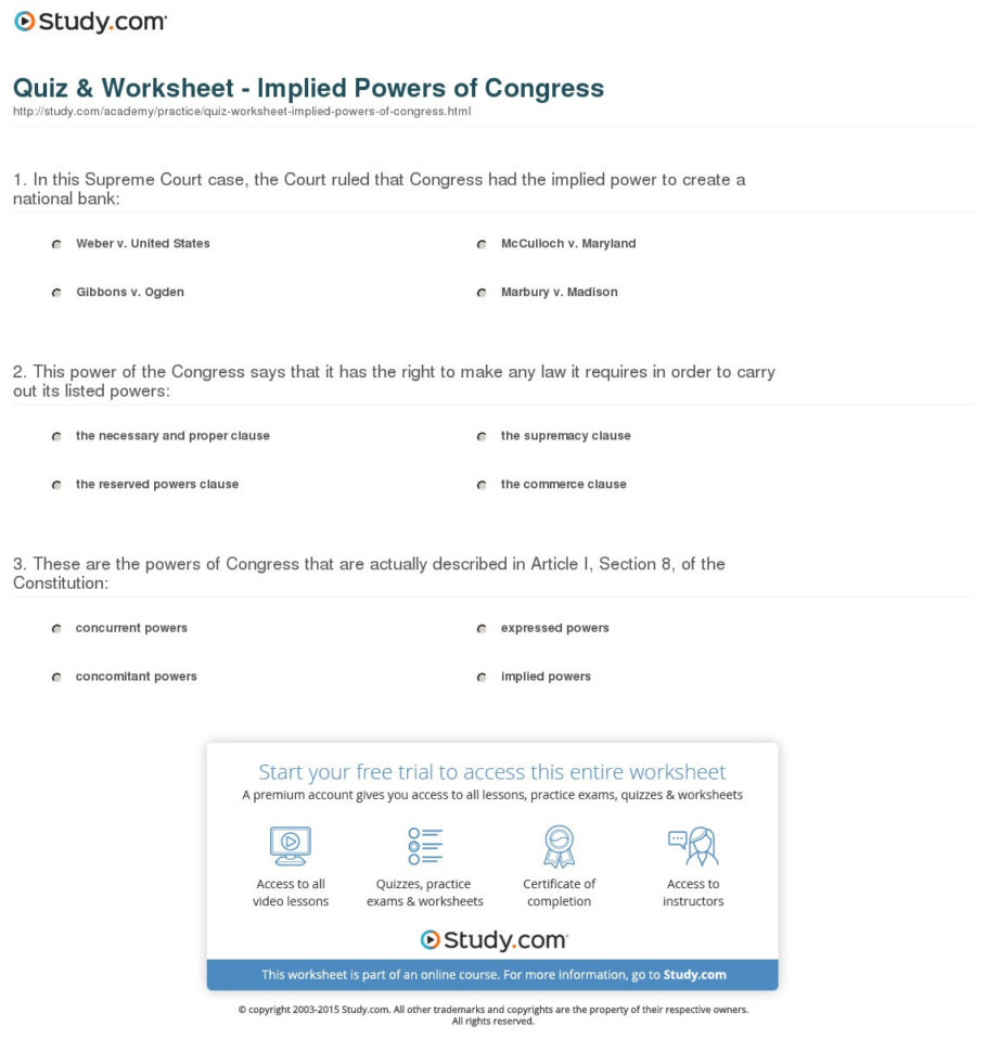 Quiz  Worksheet  Implied Powers Of Congress  Study
