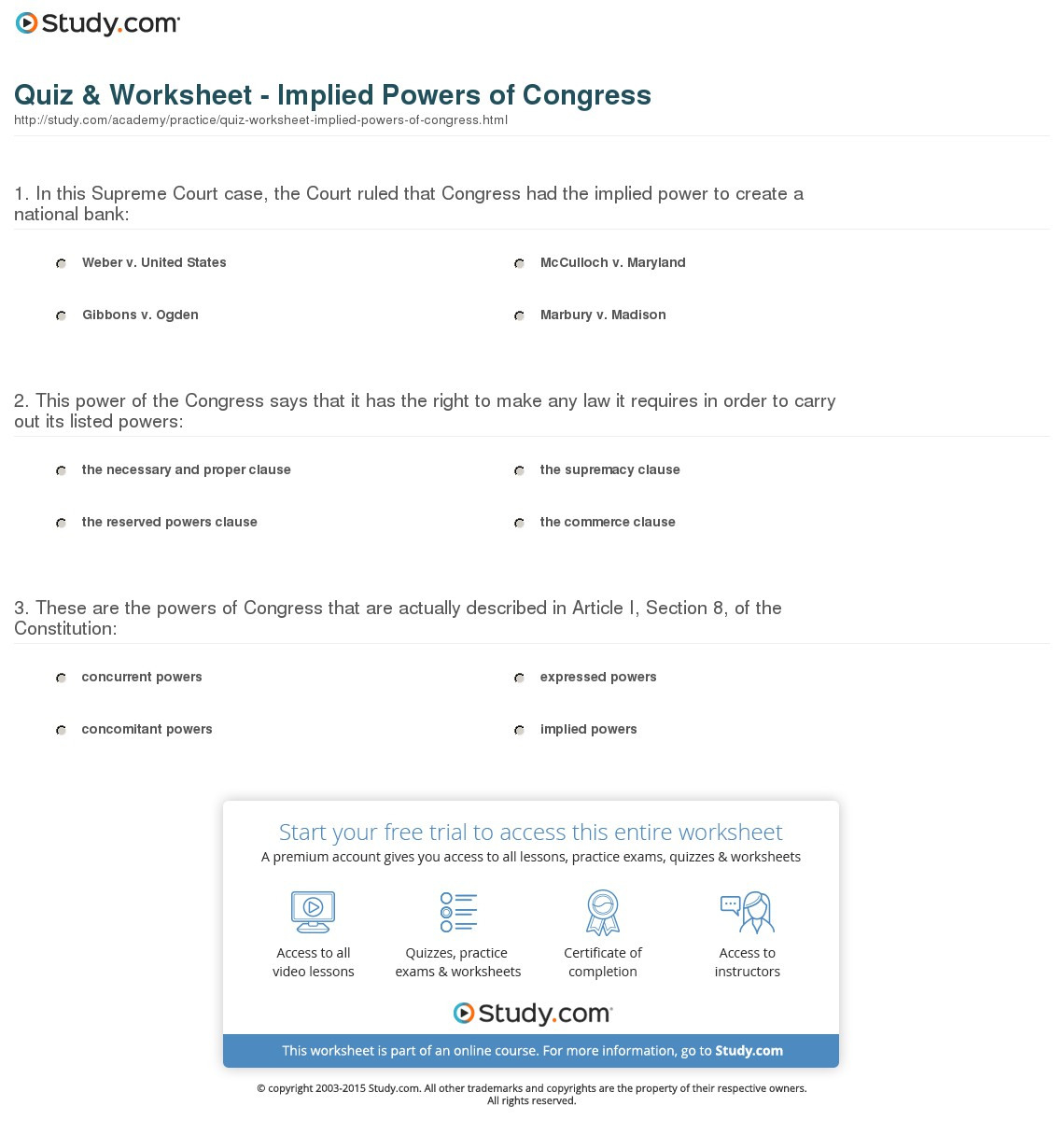 Quiz  Worksheet  Implied Powers Of Congress  Study