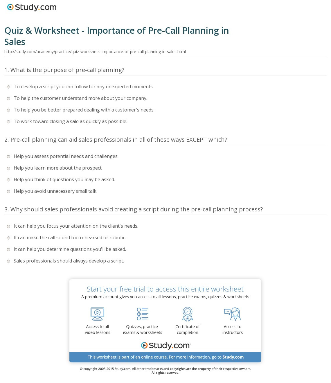 Quiz  Worksheet  Importance Of Precall Planning In Sales