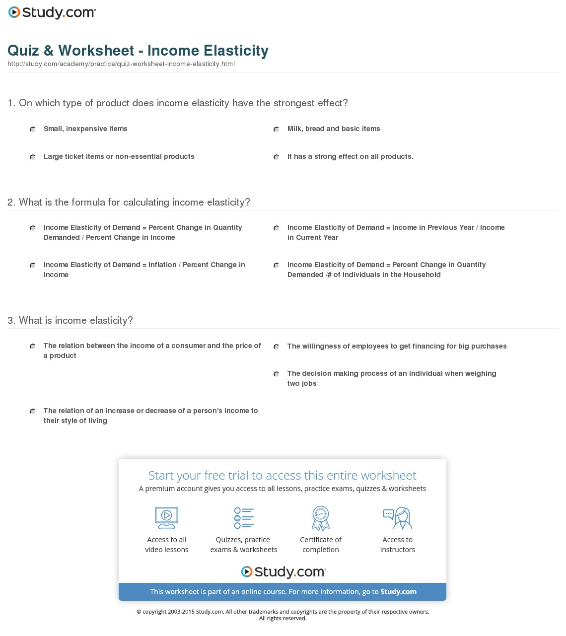Quiz  Worksheet  Income Elasticity  Study