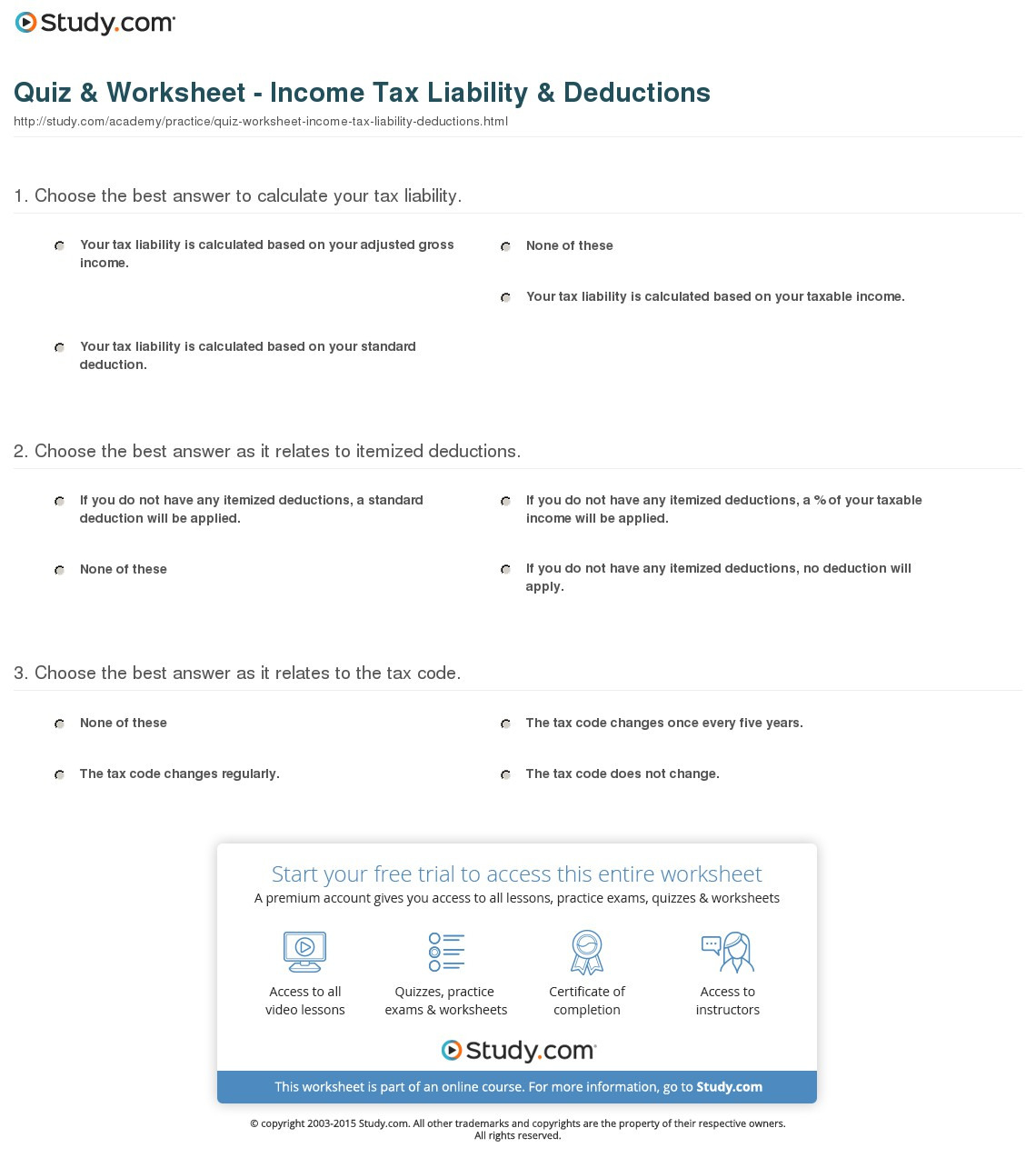 Quiz  Worksheet  Income Tax Liability  Deductions  Study