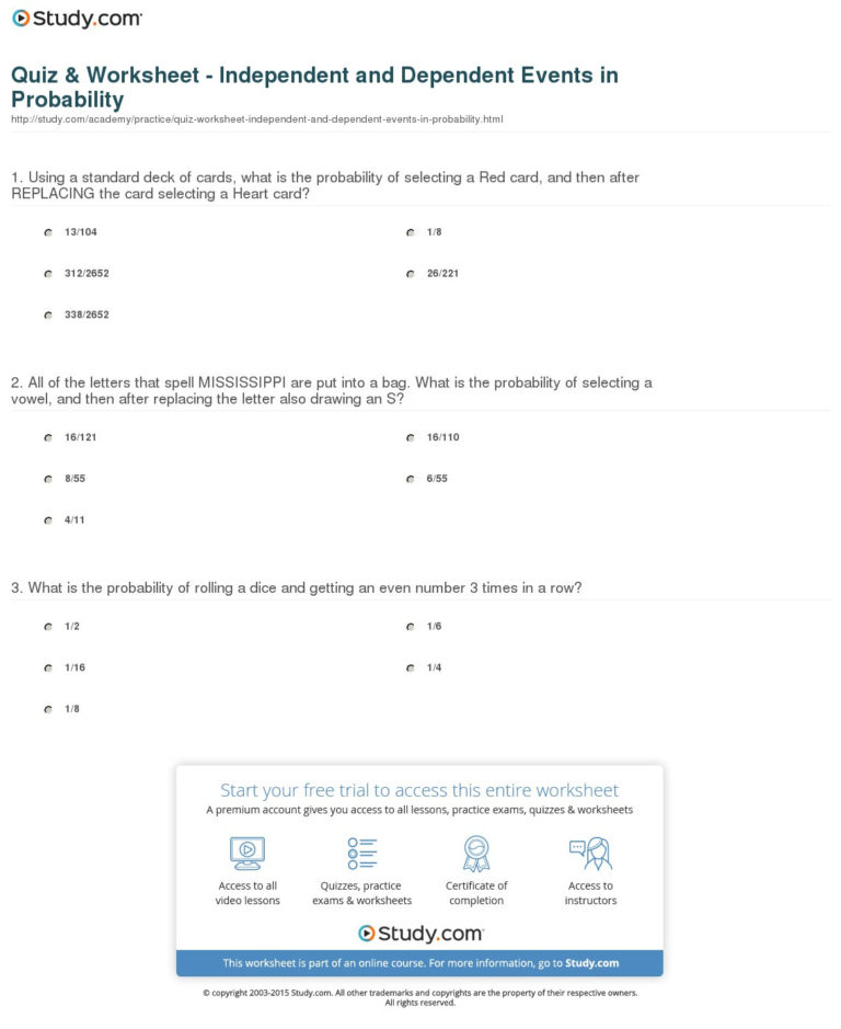 Independent And Dependent Probability Worksheet With Answer Key — db