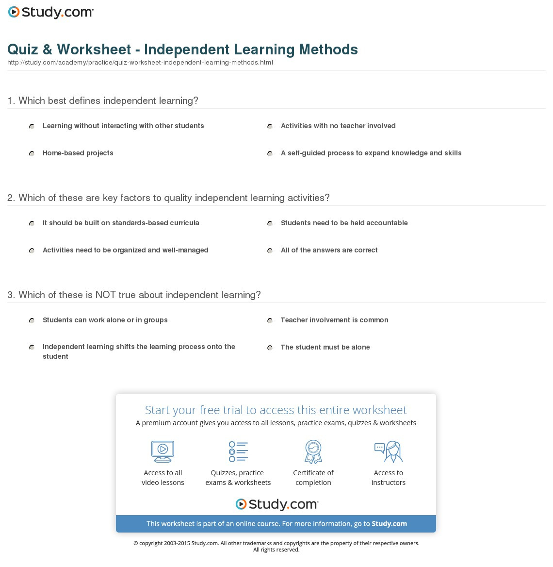 Quiz  Worksheet  Independent Learning Methods  Study